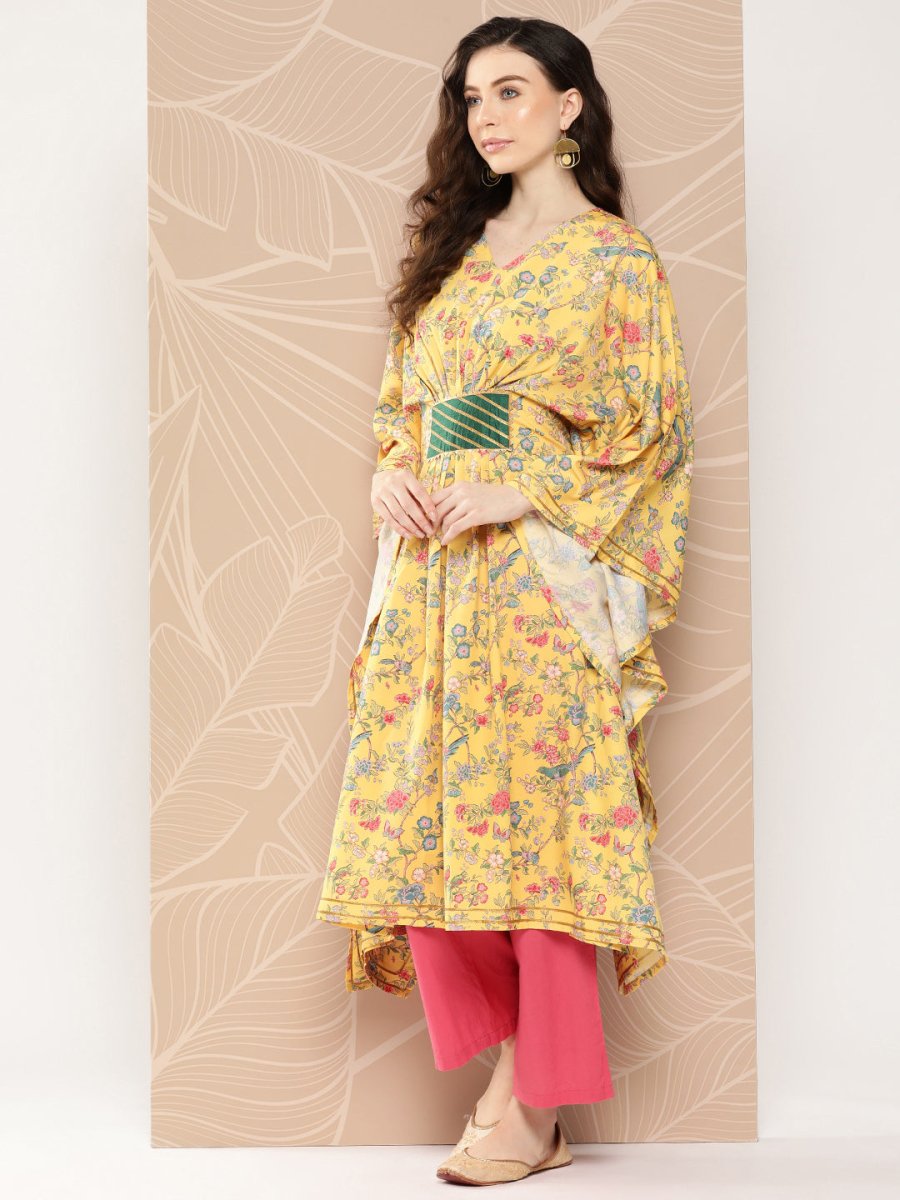 Ahalyaa Women Floral Printed Flared Sleeves Gotta Patti Floral Crepe Kaftan Kurta | Swadesiicart