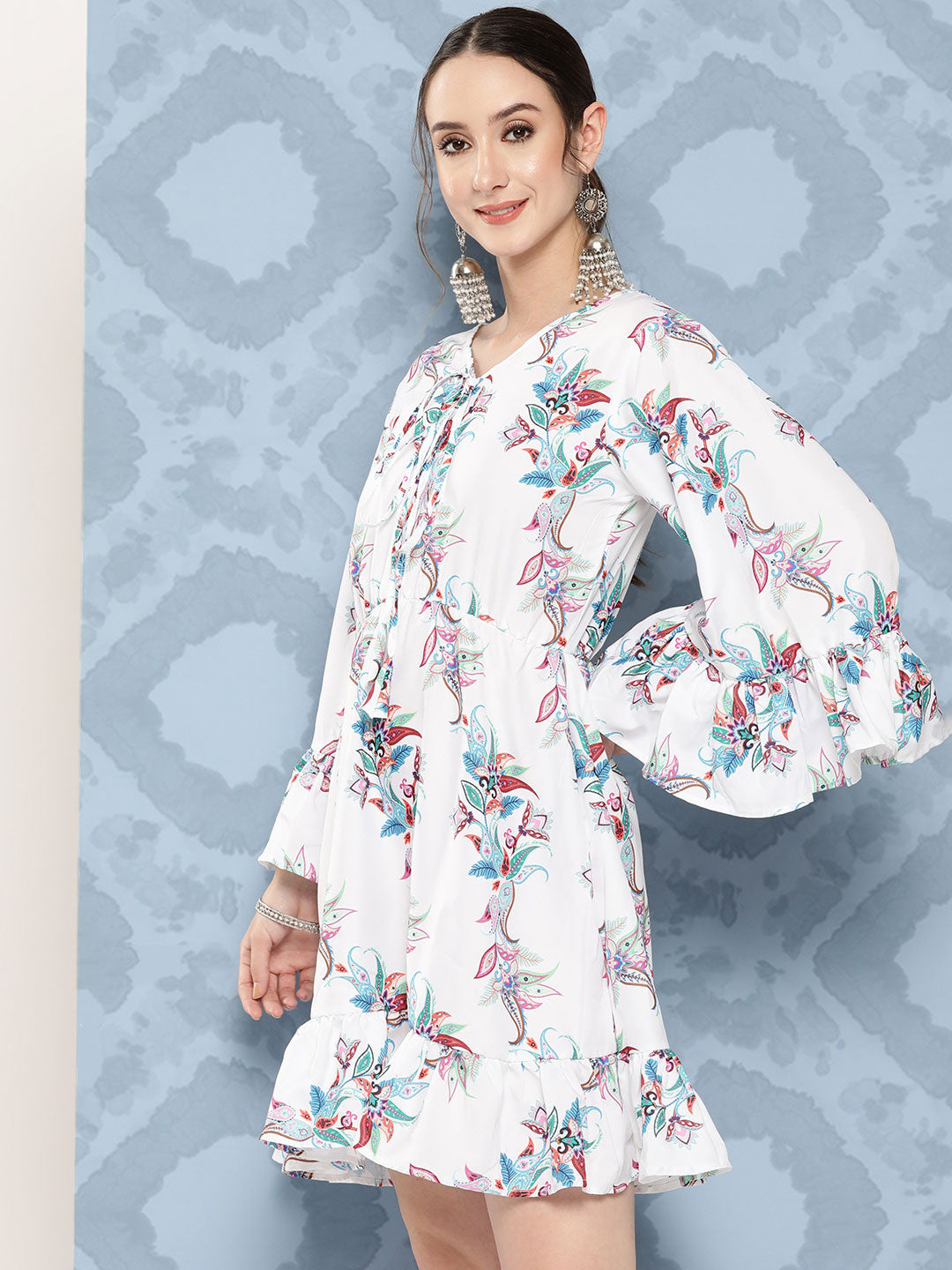 InWeave Women's White Floral Paisley Print Short Dress - Swadesiicart