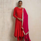 trueBrowns Red Crinkle Anarkali Kurta Pant Dupatta Set | Swadesiicart