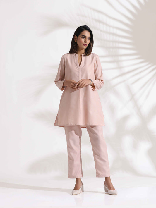 trueBrowns Light Pink Slub Co-ord Set - Swadesiicart