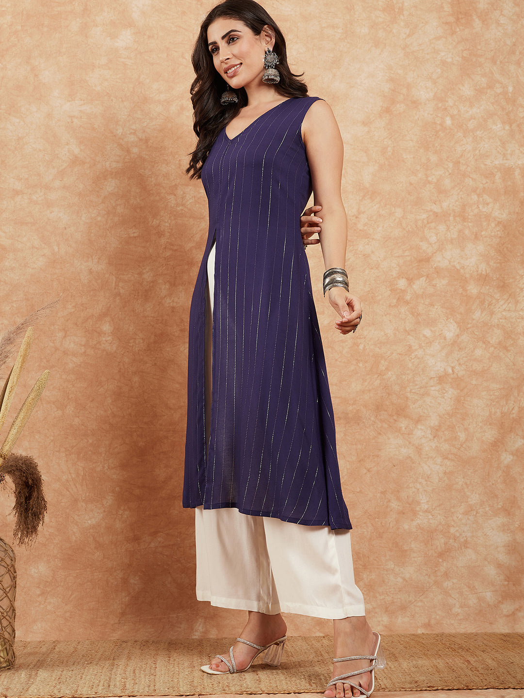InWeave Royal Blue Lurex V-Neck W/S Front Slit Kurta Pant Set - Swadesiicart