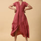 trueBrowns Cotton Linen Rust Red Pleated Dress | Swadesiicart