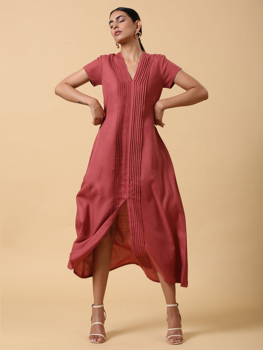 trueBrowns Cotton Linen Rust Red Pleated Dress | Swadesiicart