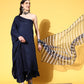 InWeave Women's Navy Mirror Work One Shoulder Kurta Set With Dupatta - Swadesiicart