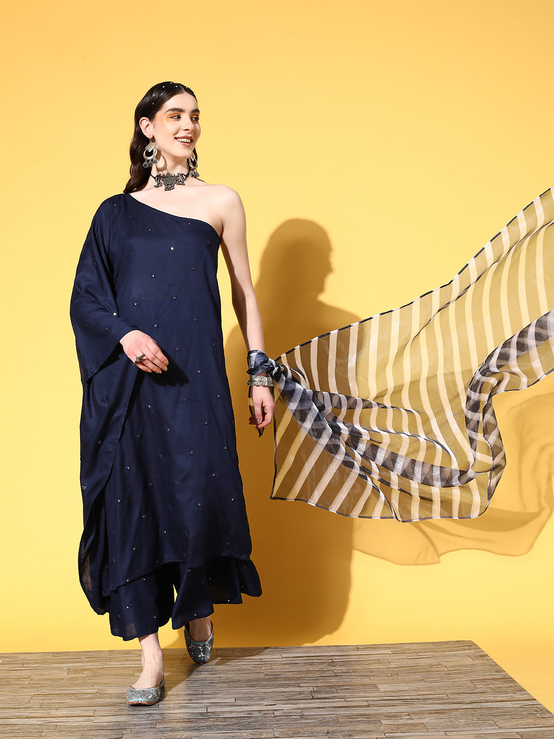 InWeave Women's Navy Mirror Work One Shoulder Kurta Set With Dupatta - Swadesiicart