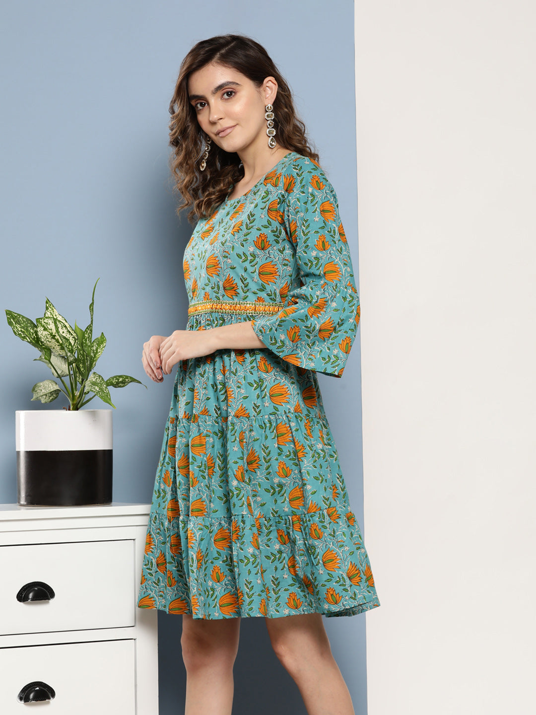 InWeave Women's Blue Mustard Print Short Dress - Swadesiicart