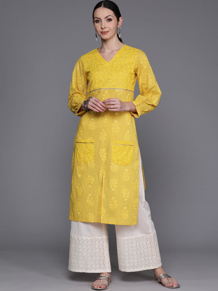 Ahalyaa Ethnic Motifs Printed Puff Sleeves Gotta Patti Kurta | Swadesiicart