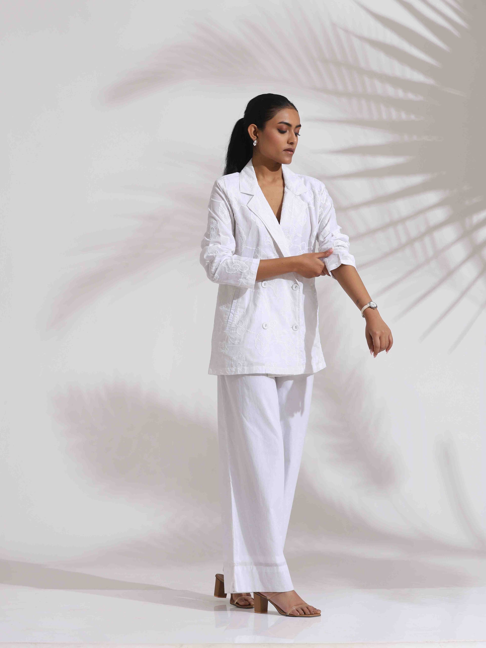 trueBrowns White Cotton Schiffli Jacket Co-ord Set - Swadesiicart