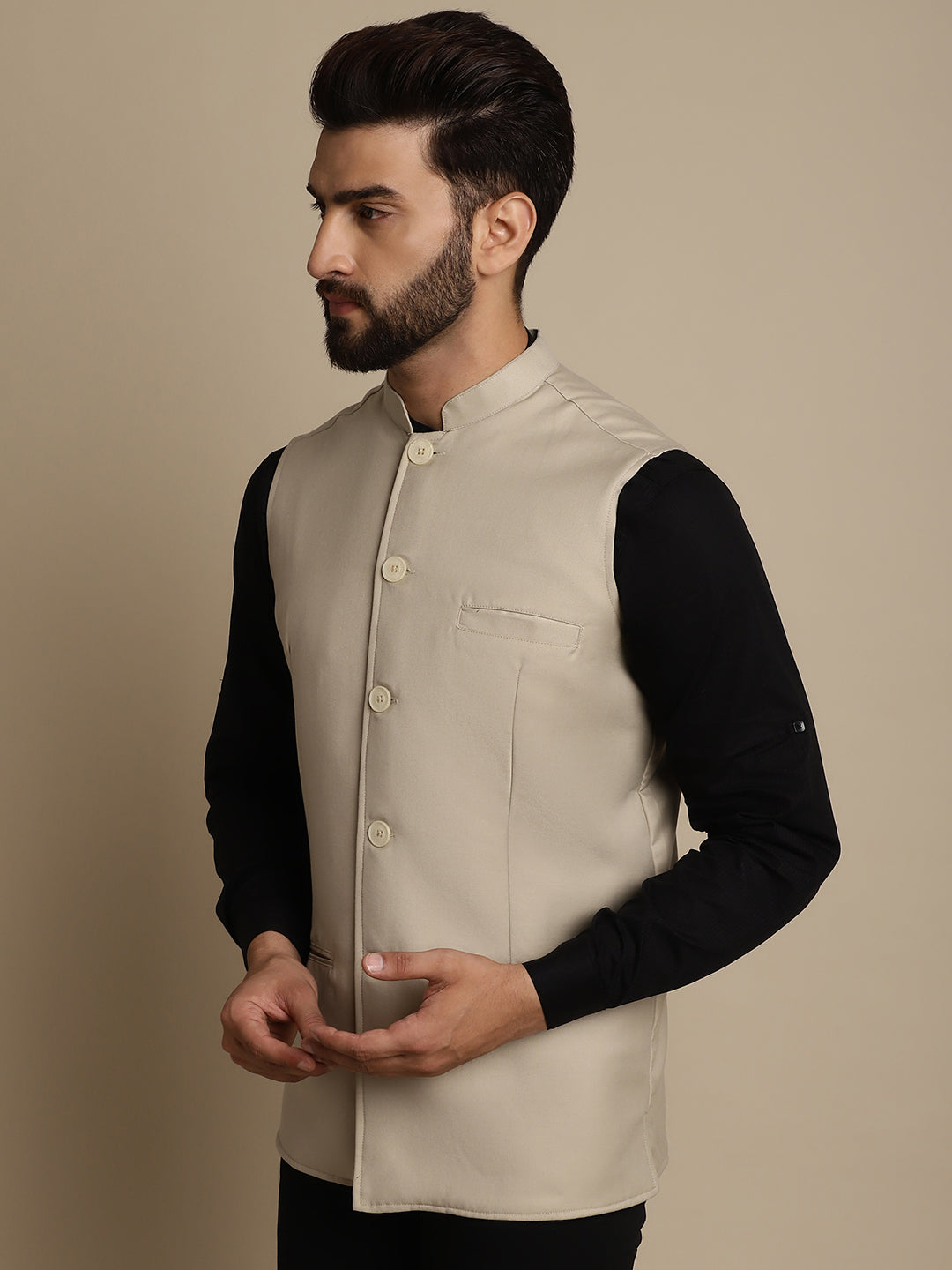Even Apparels Men's Cream Mandarin Collar Waistcoat | Swadesiicart