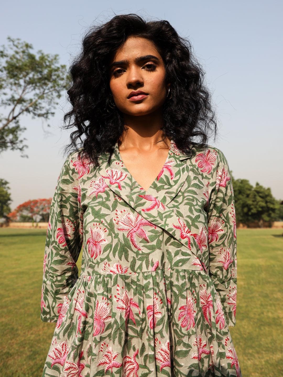 trueBrowns Sage Cotton Block Print Lapel Collared Dress | Swadesiicart