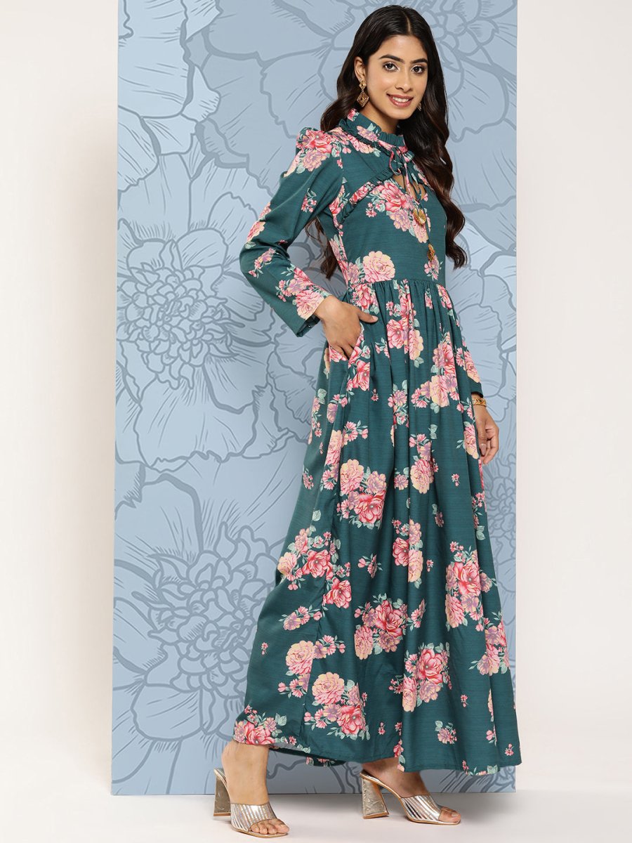 Ahalyaa Floral Print Puff Sleeves Tie-Up Neck Crepe Ethnic Gown With Cut-Out Detail | Swadesiicart