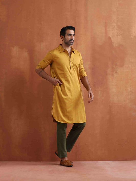 trueBrowns Men's Mustard Cotton Kurta | Swadesiicart