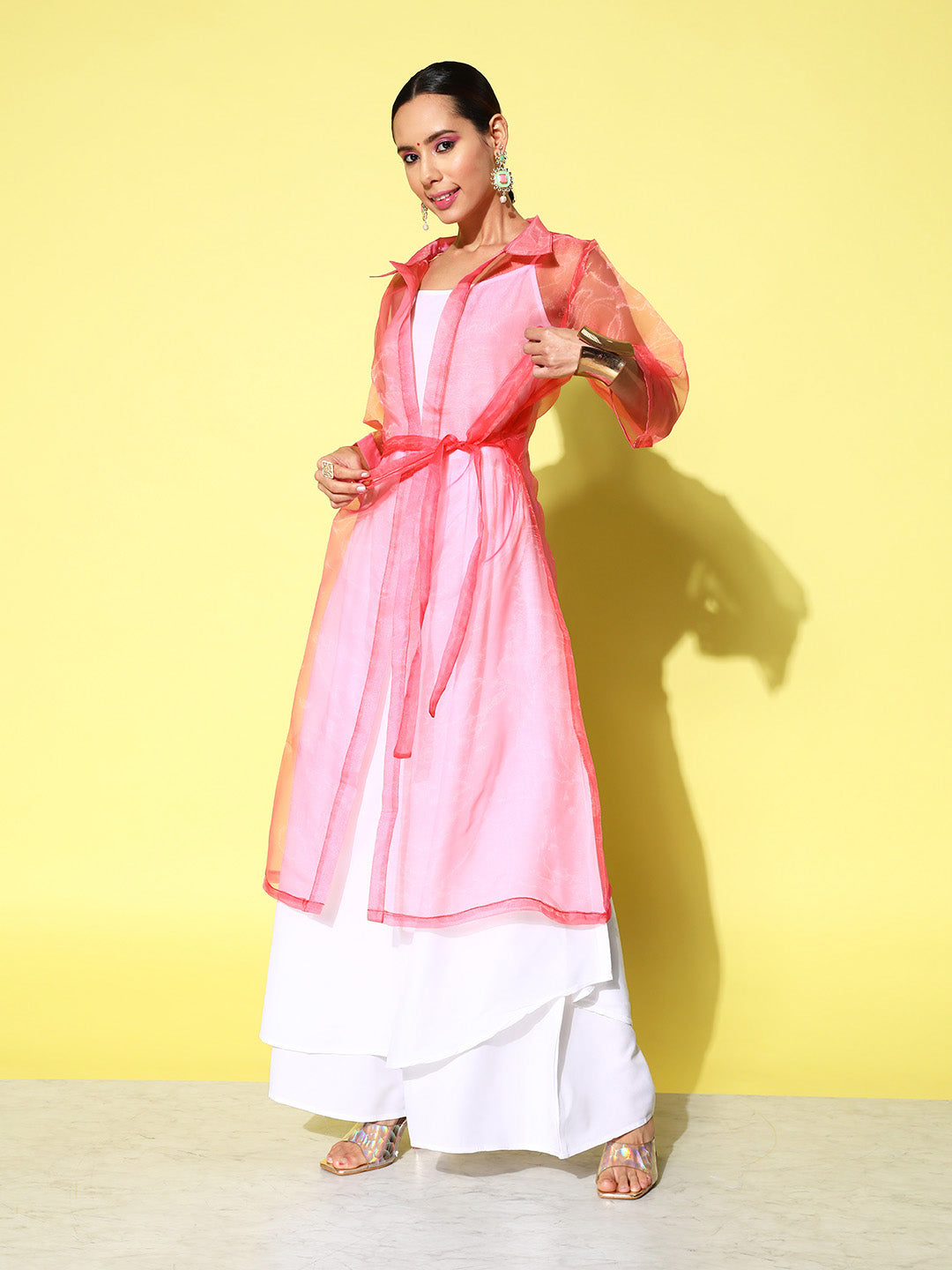 InWeave Women's Cream Strappy Kurta Set With Pink Organza Cape - Swadesiicart