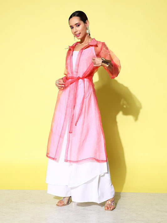 InWeave Women's Cream Strappy Kurta Set With Pink Organza Cape - Swadesiicart