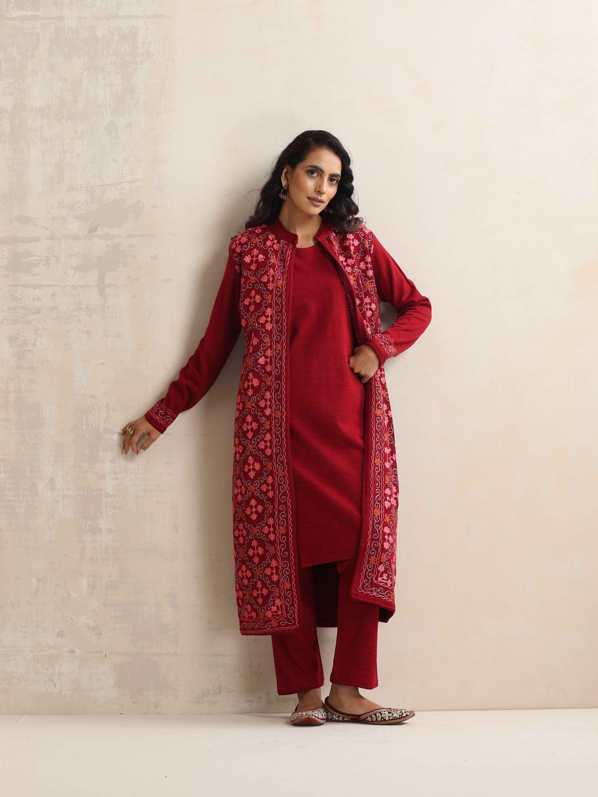 trueBrowns Maroon Kashmiri Woollen Jacket 3pc Set | Swadesiicart