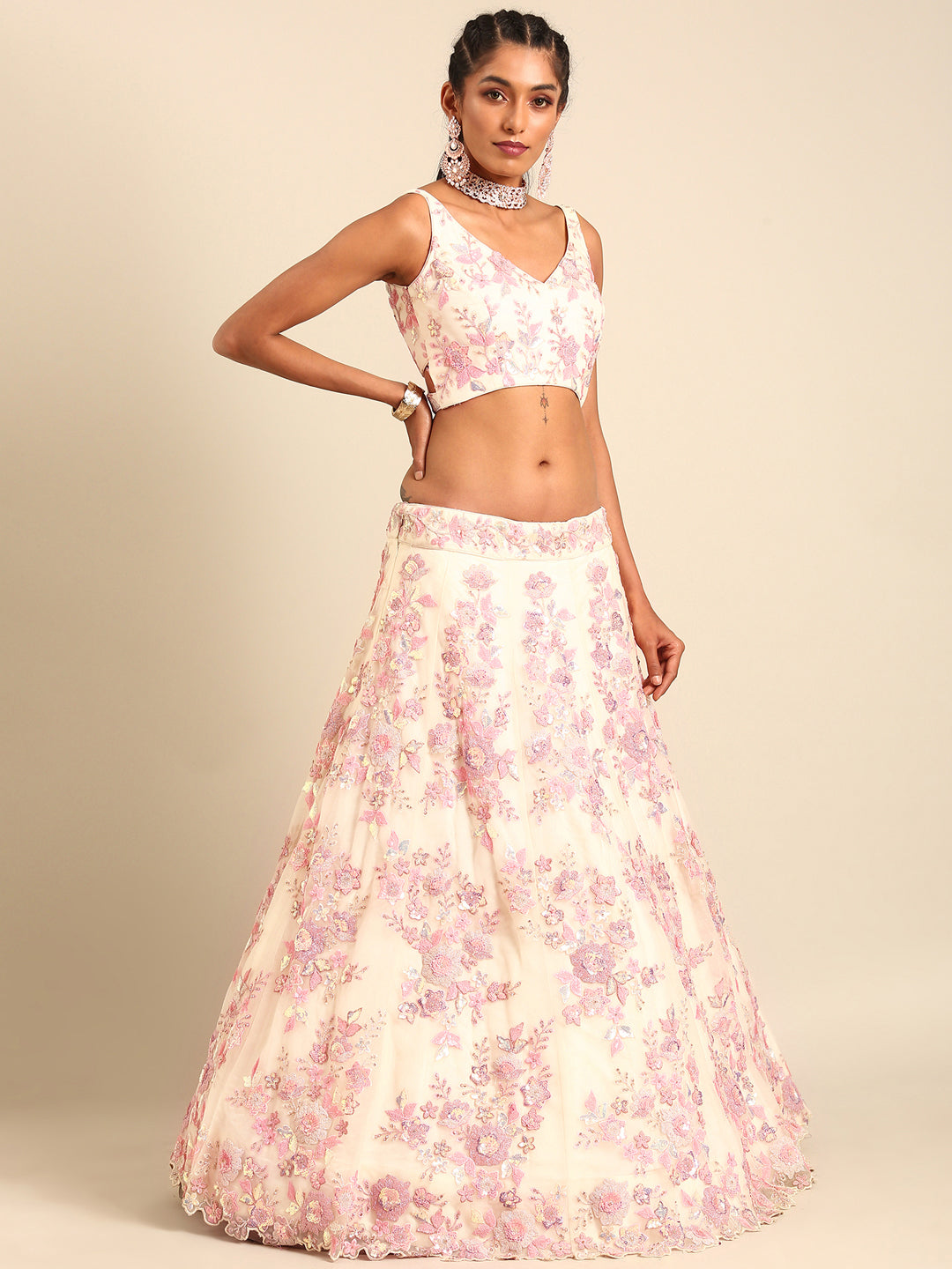 House of Panchhi Cream Net Sequins with heavy Zarkan embroidery Lehenga choli & Dupatta | Swadesiicart