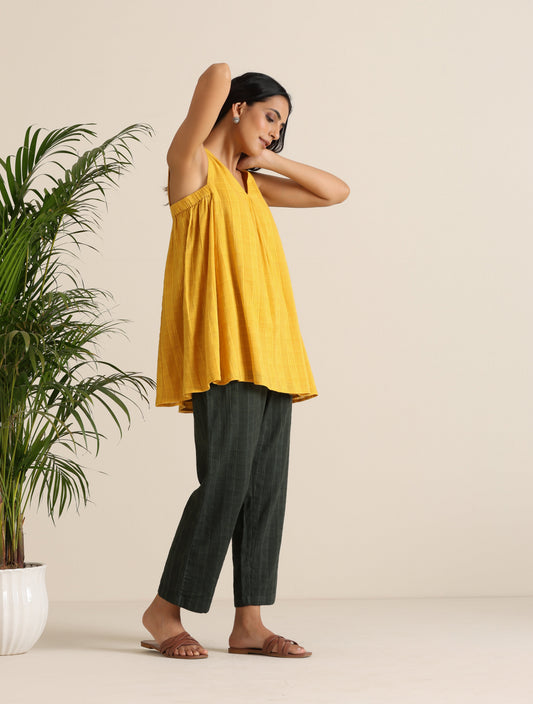 trueBrowns Mustard Cotton Dobby Sleeveless Co-ord Set - Swadesiicart