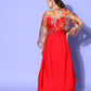 InWeave Women's Red Strappy Set With Green Floral Short Organza Cape - Swadesiicart