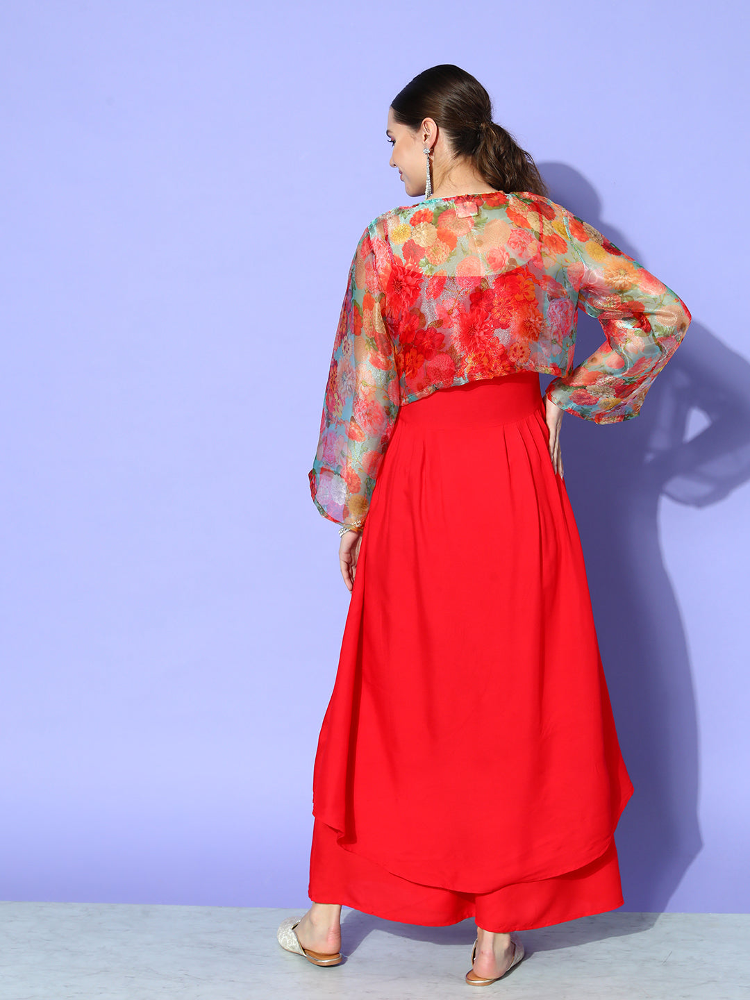 InWeave Women's Red Strappy Set With Green Floral Short Organza Cape - Swadesiicart