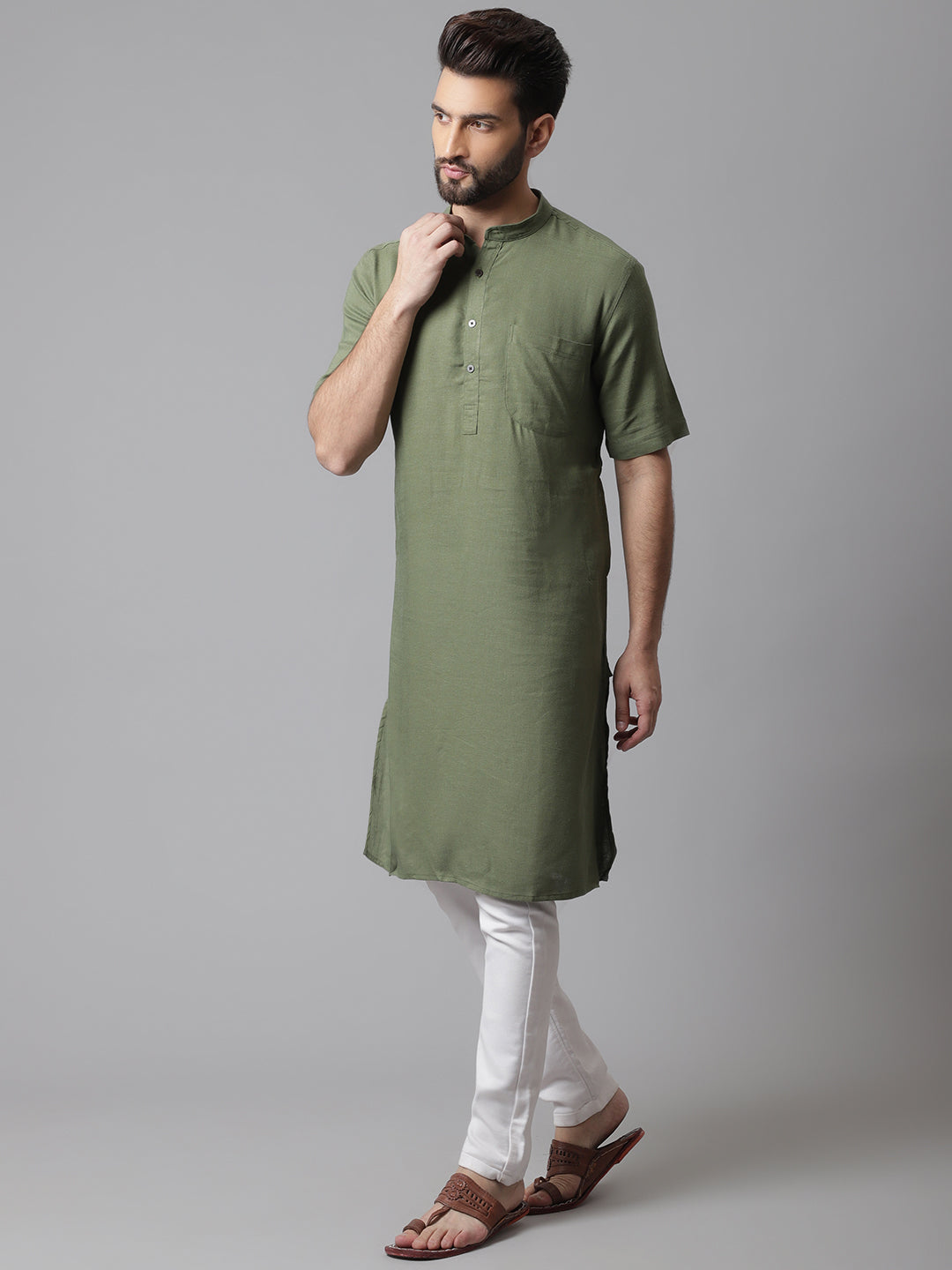 Even Apparels Green Pure Cotton Kurta With Band Collar | Swadesiicart