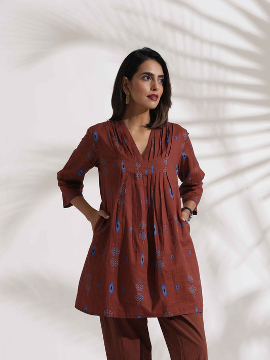 trueBrowns Brown Cotton Print Pleated Top & Pants Co-ord Set - Swadesiicart