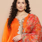 InWeave Women's Orange Organza Sleeve Kurta Set W Green Or Dupatta - Swadesiicart