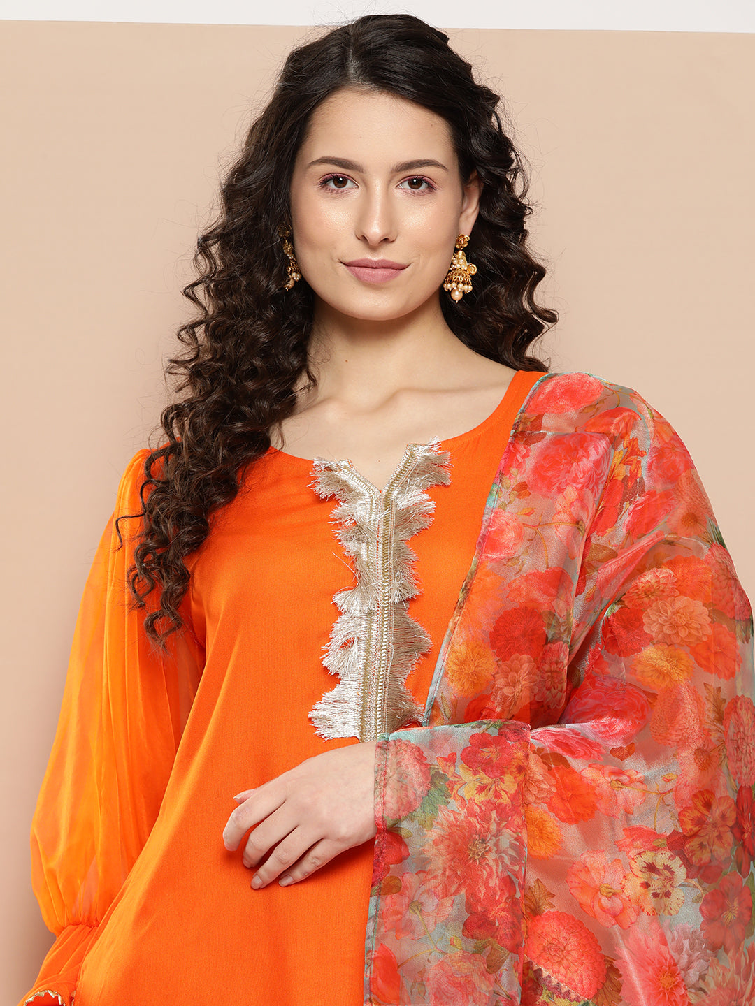 InWeave Women's Orange Organza Sleeve Kurta Set W Green Or Dupatta - Swadesiicart