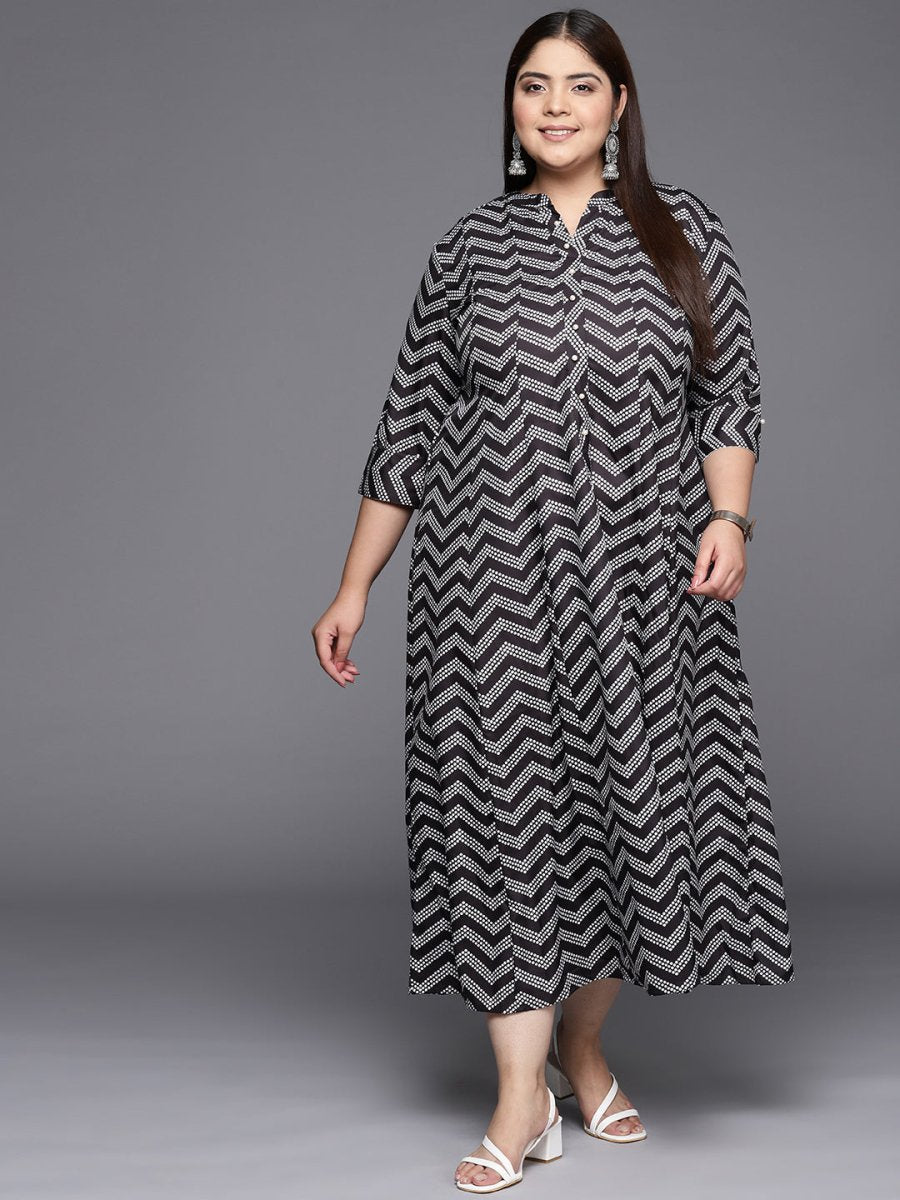 Ahalyaa Plus Size Chevron Print Crepe Mandarin Collar A-line Midi Ethnic Dress | Swadesiicart