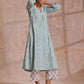 trueBrowns Tiffany Blue Floral Block Print Cotton Front Neck Gathered Kurta Pant Set | Swadesiicart