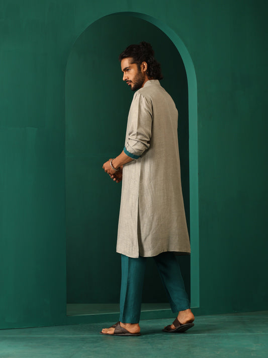 trueBrowns Men's Grey Silk Long Kurta | Swadesiicart