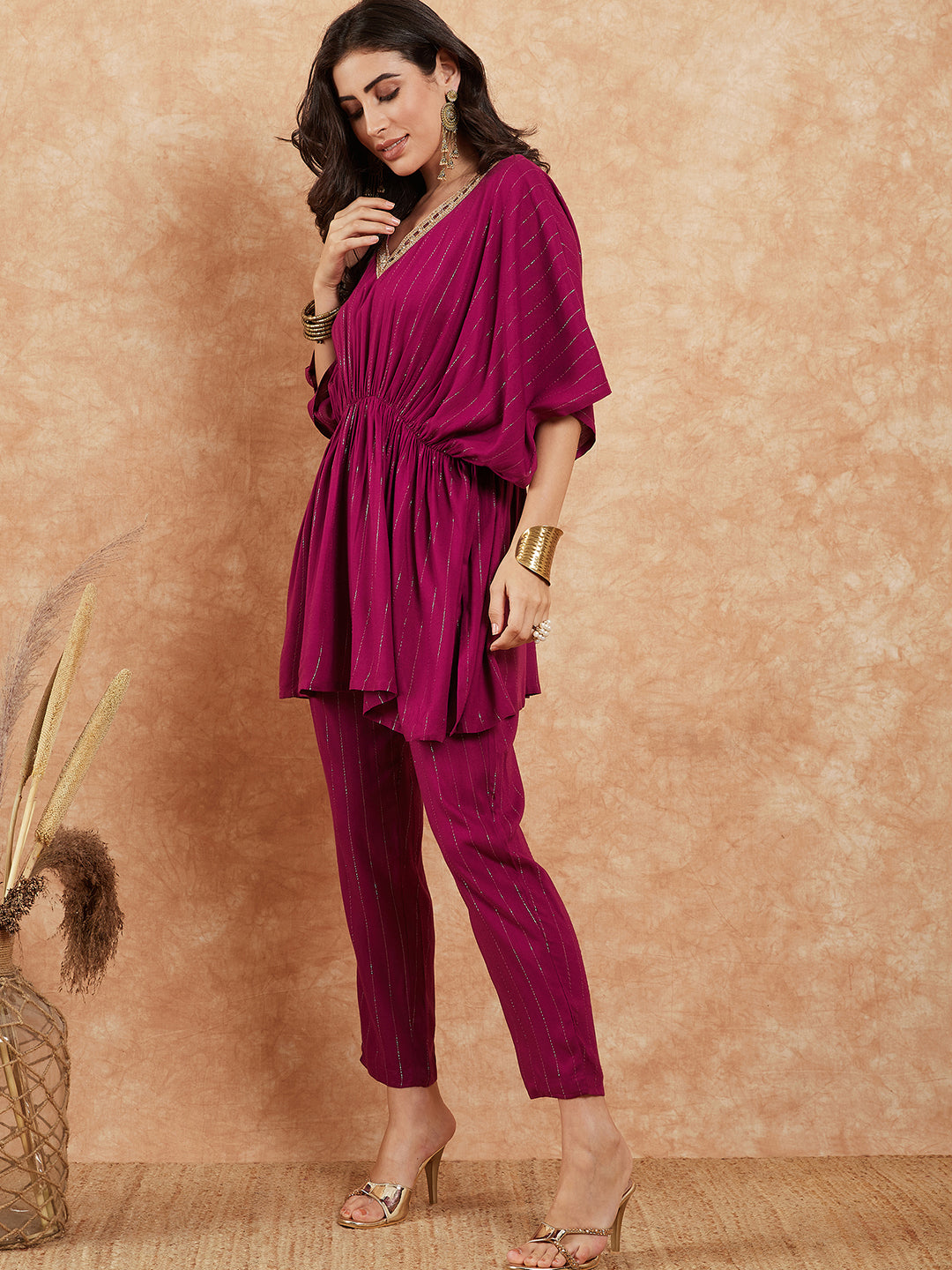 InWeave Women's Magenta Lurex V Neck Gota Kaftan Style Kurta Set - Swadesiicart