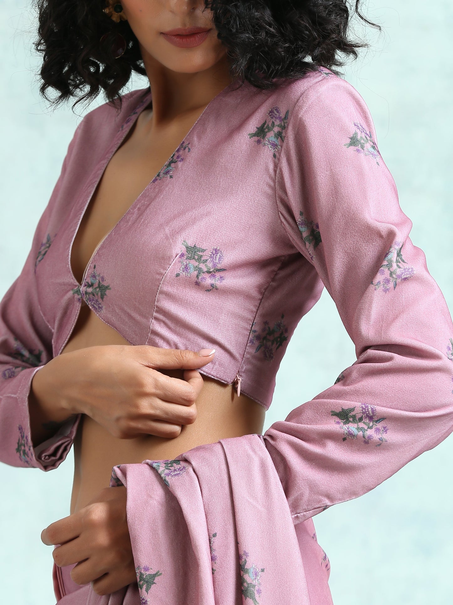 trueBrowns Light Mauve Printed Velvet Blouse | Swadesiicart