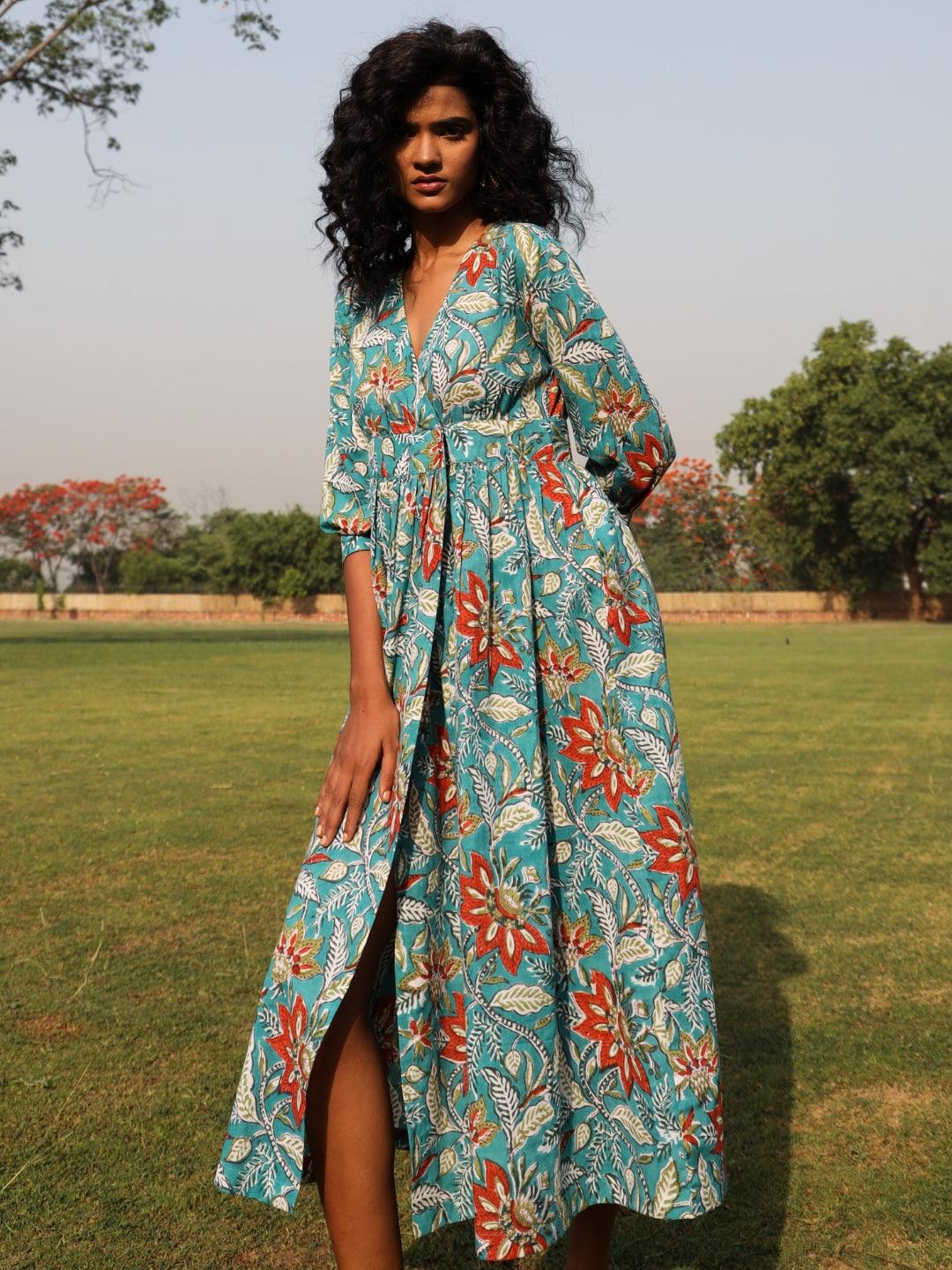 trueBrowns Teal Cotton Block Print Wrap Dress | Swadesiicart