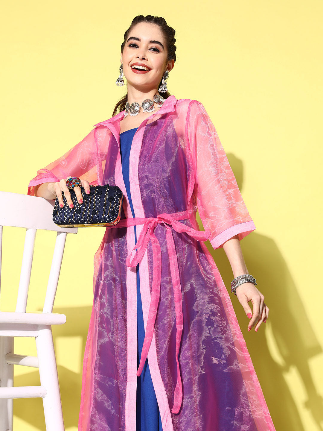 InWeave Women's Ink Blue Strappy Kurta Set With Pink Organza Cape - Swadesiicart