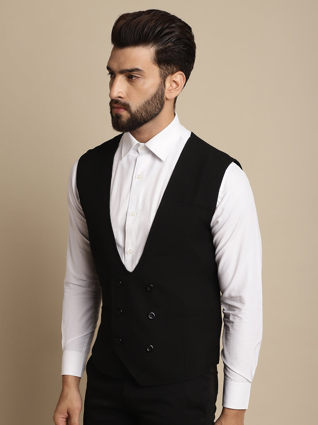 Even Apparels Men's Black Double Breast Waistcoat | Swadesiicart
