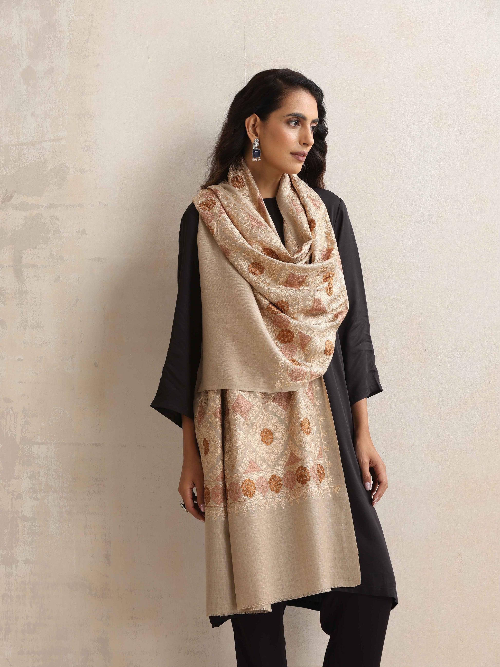 trueBrowns Beige Geometric Embroidered Woollen Stole | Swadesiicart