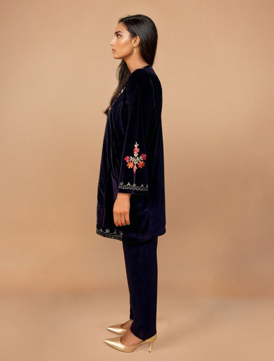 trueBrowns Purple Velvet Embroidered Co-ord Set - Swadesiicart
