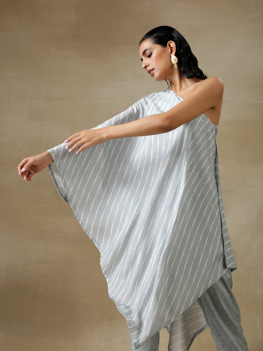 trueBrowns Grey Bandhani Printed Silk One-Shoulder Kurta Pant Set | Swadesiicart