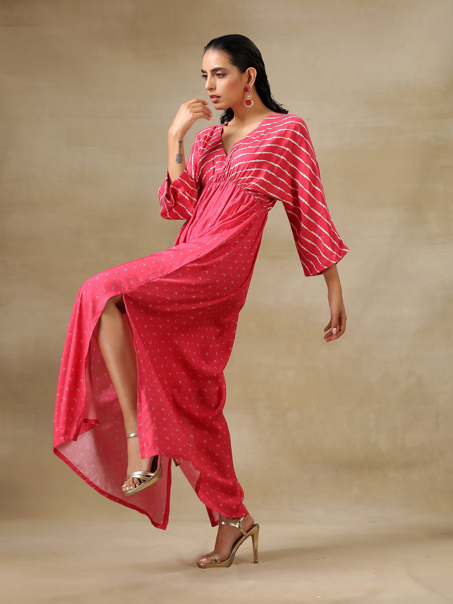 trueBrowns Pink Bandhani Printed Silk Drop Shoulder Dress | Swadesiicart