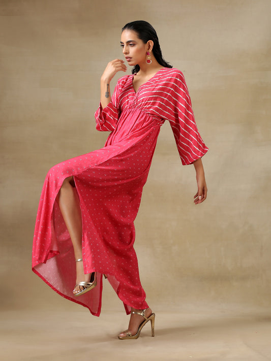 trueBrowns Pink Bandhani Printed Silk Drop Shoulder Dress | Swadesiicart