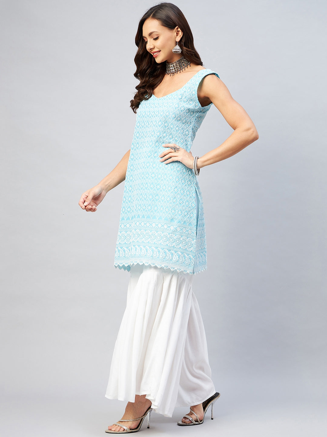 InWeave Women's Sky Blue Sweetheart Neckline Kurta - Swadesiicart