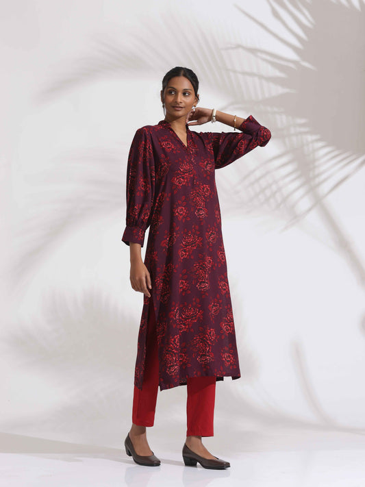 trueBrowns Purple Floral Print Kurta Set | Swadesiicart