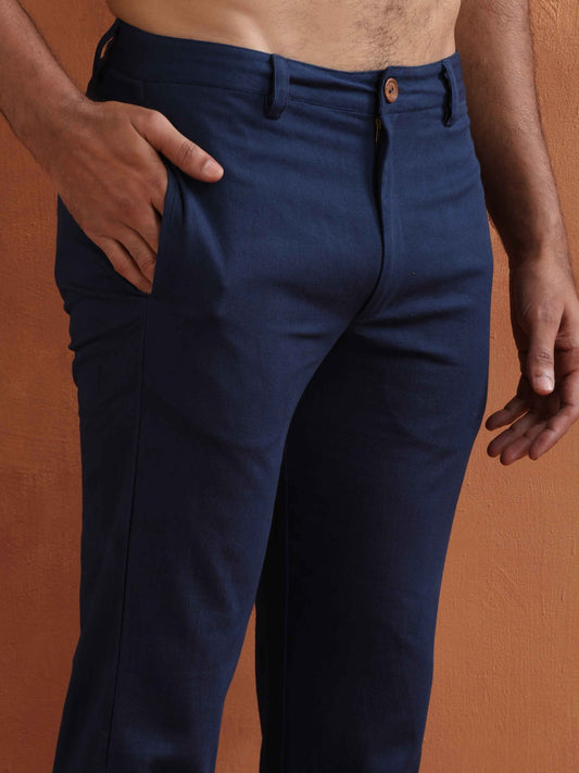 trueBrowns Men's Blue Cotton Twill Pants | Swadesiicart