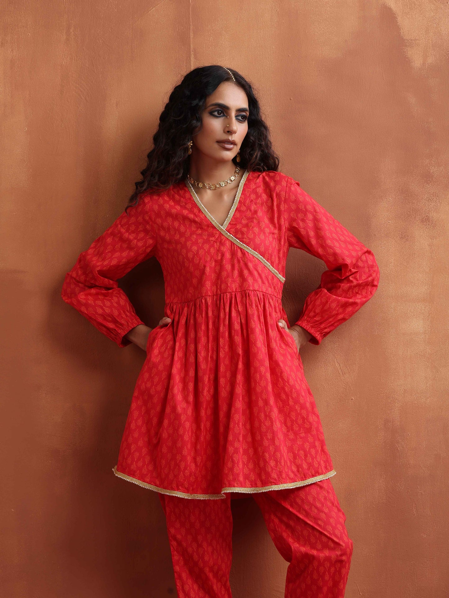 trueBrowns Red Print Angrakha Co-ord Set - Swadesiicart