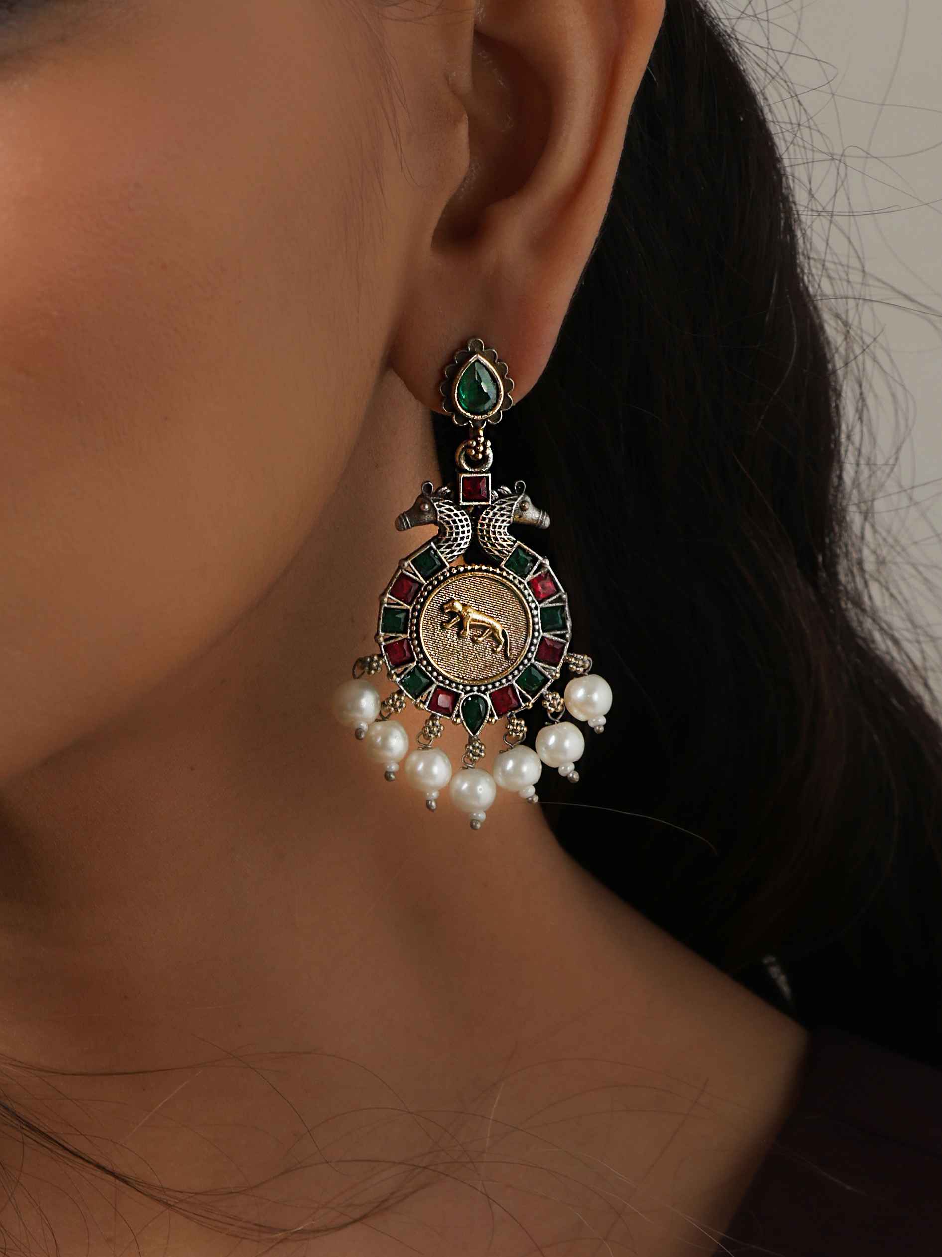 trueBrowns Silver Gold Tone Embossed Earrings - Swadesiicart