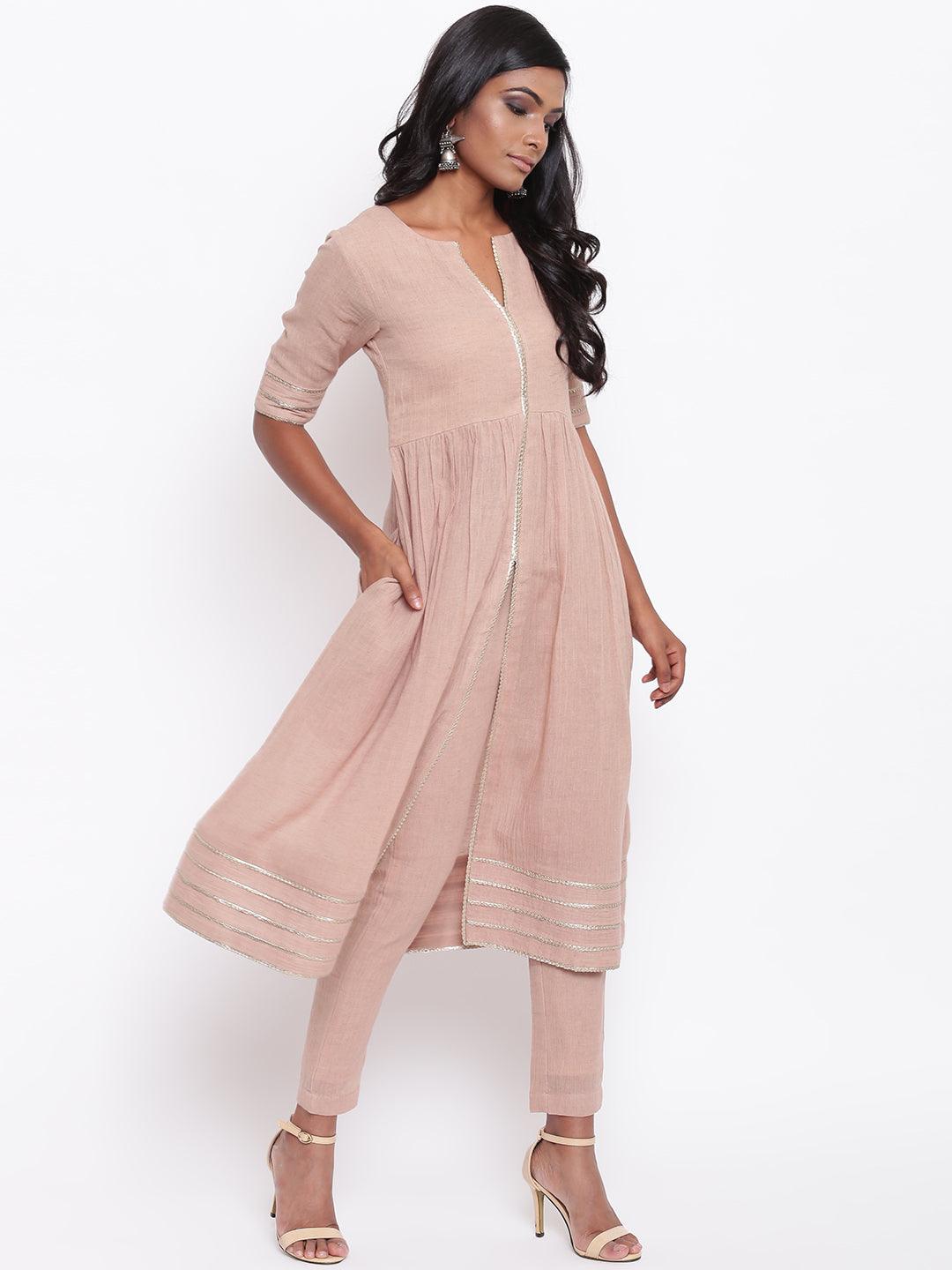 trueBrowns Pure Cotton Beige Gota Slit Kurta Set | Swadesiicart