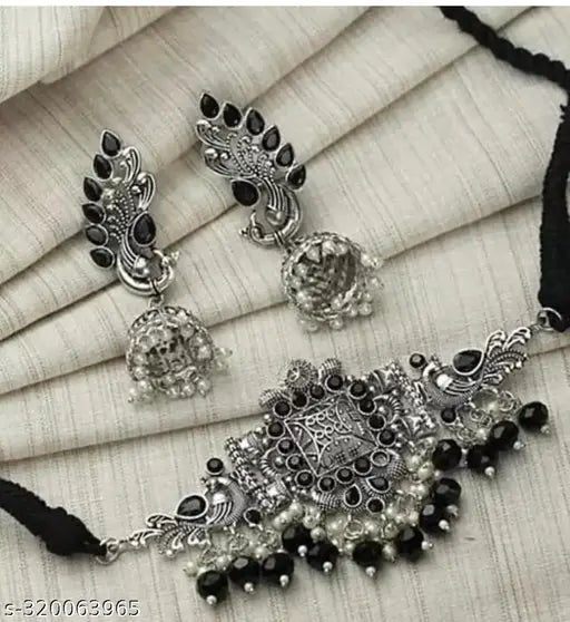 Tehzeeb Creations Women's Oxidised Necklace And Earring With Black Beads And Pearl - Swadesiicart