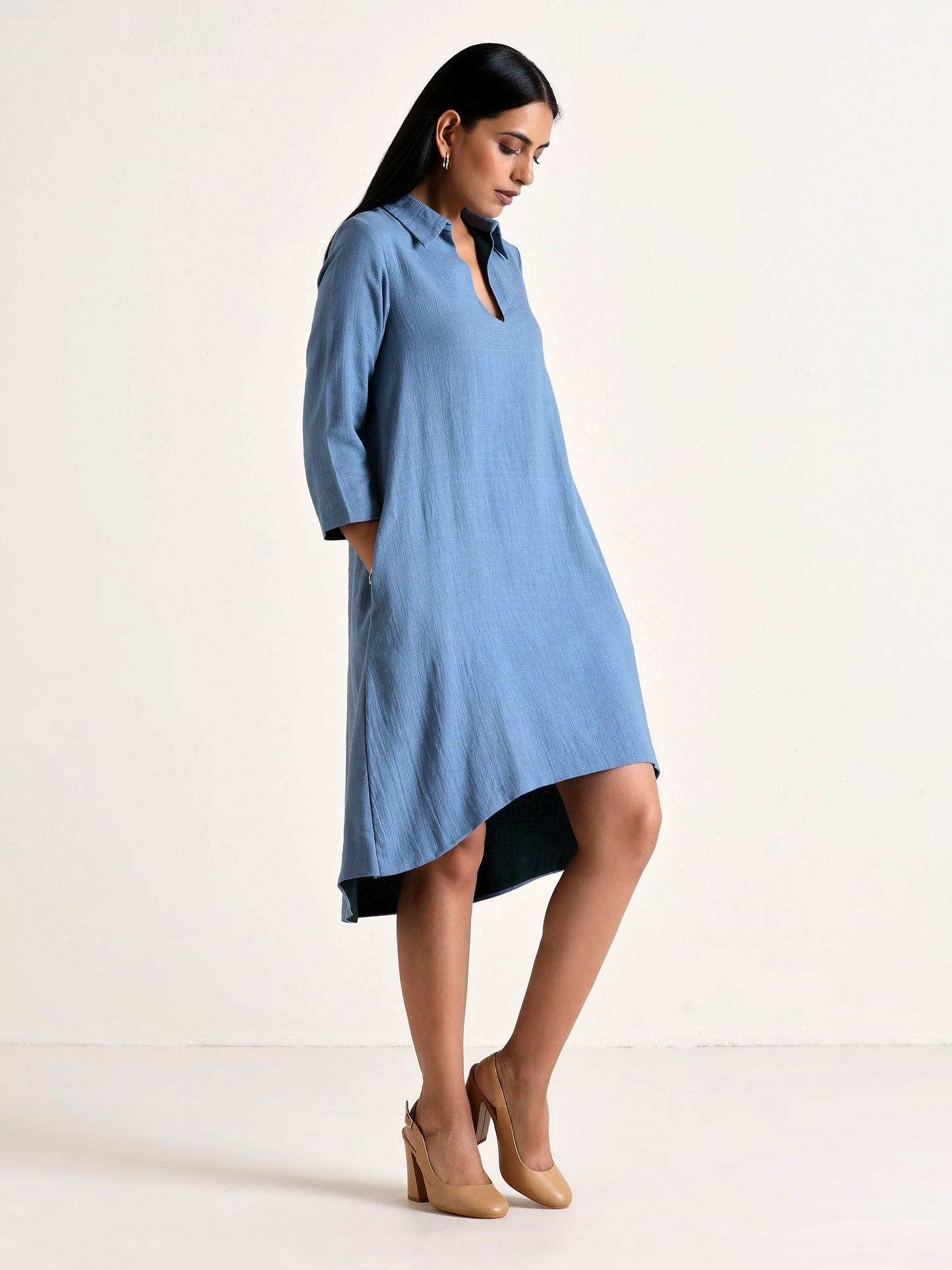 trueBrowns Light Blue Short Collared Dress | Swadesiicart