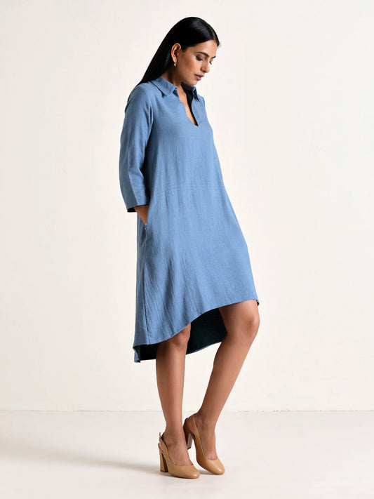 trueBrowns Light Blue Short Collared Dress | Swadesiicart