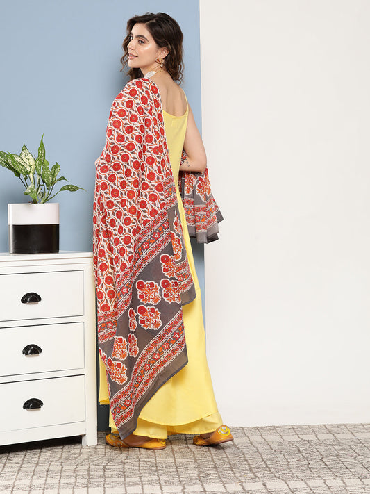 InWeave Women's Light Yellow Ray Strappy Set With Orange Floral Cotton Dupatta - Swadesiicart